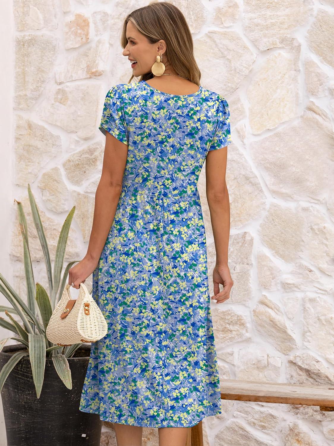 imageANRABESS Womens Summer Short Sleeve ALine Midi Dresses Casual Floral TShirt Dresses Flowy Beach Sundress with PocketsPrint Blue Yellow Floral