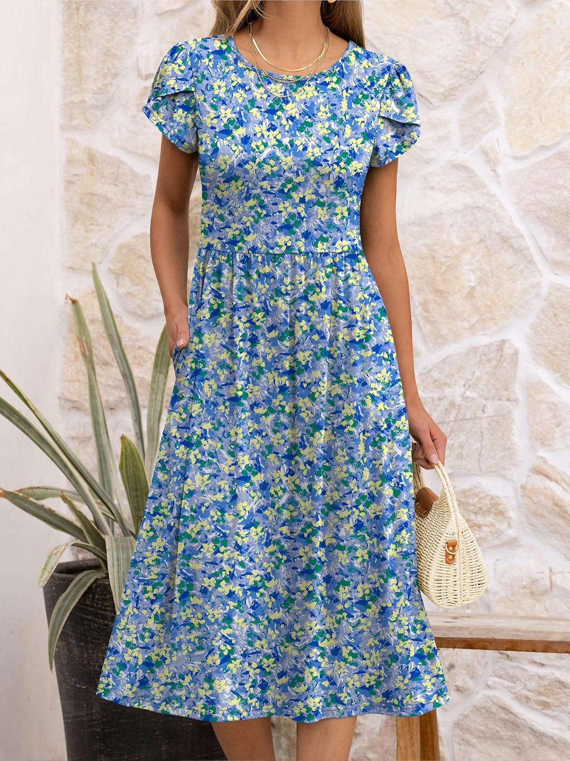 imageANRABESS Womens Summer Short Sleeve ALine Midi Dresses Casual Floral TShirt Dresses Flowy Beach Sundress with PocketsPrint Blue Yellow Floral