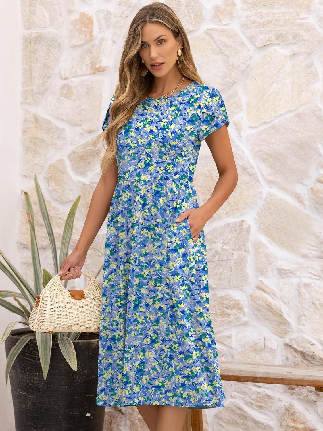 imageANRABESS Womens Summer Short Sleeve ALine Midi Dresses Casual Floral TShirt Dresses Flowy Beach Sundress with PocketsPrint Blue Yellow Floral