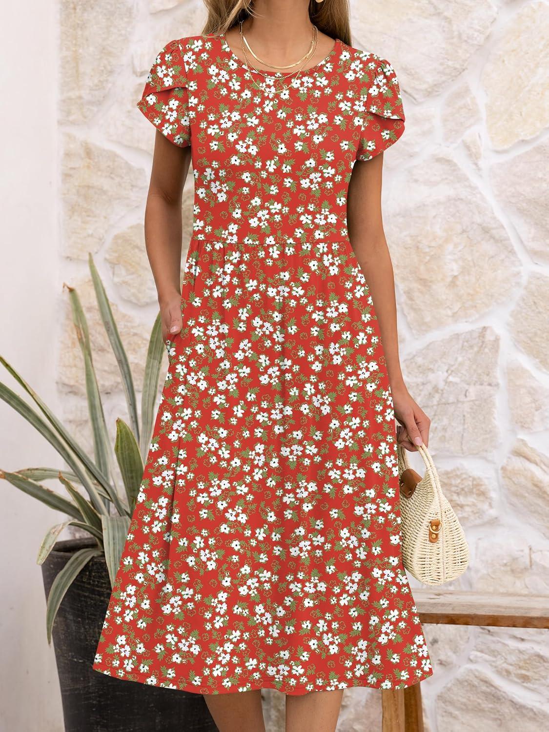 imageANRABESS Womens Summer Short Sleeve ALine Midi Dresses Casual Floral TShirt Dresses Flowy Beach Sundress with PocketsPrint Green White Floral