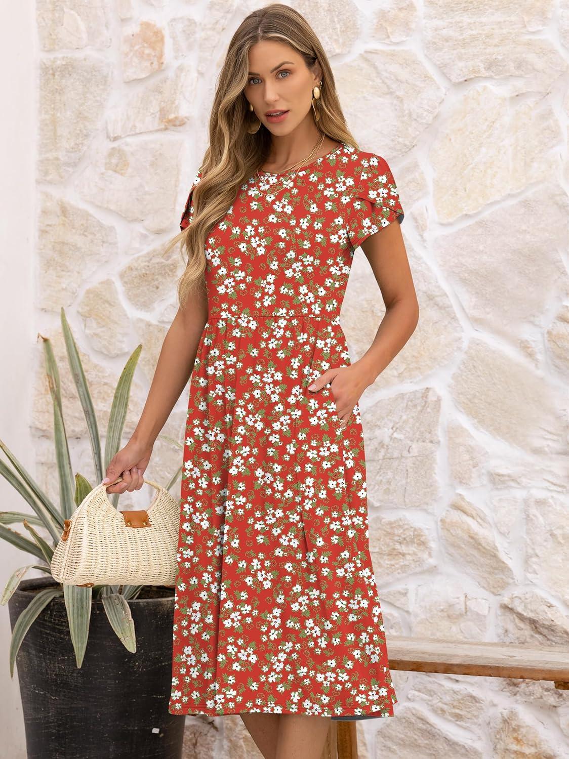 imageANRABESS Womens Summer Short Sleeve ALine Midi Dresses Casual Floral TShirt Dresses Flowy Beach Sundress with PocketsPrint Green White Floral