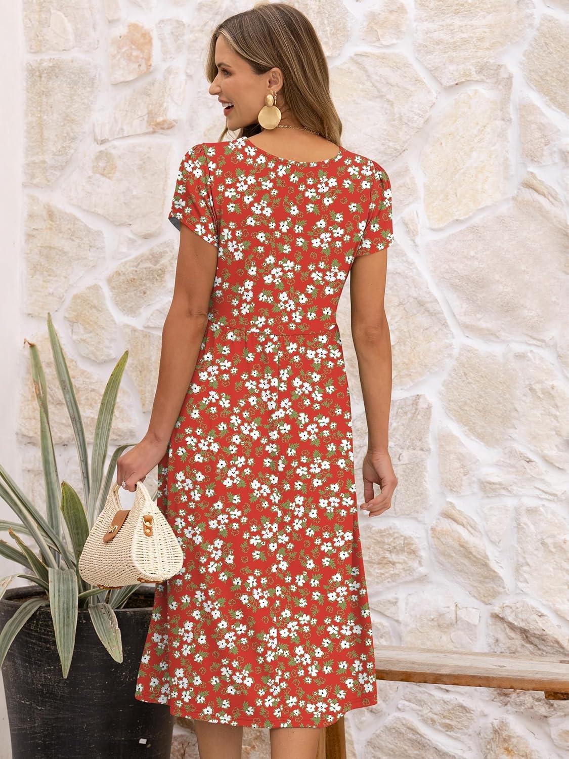 imageANRABESS Womens Summer Short Sleeve ALine Midi Dresses Casual Floral TShirt Dresses Flowy Beach Sundress with PocketsPrint Green White Floral