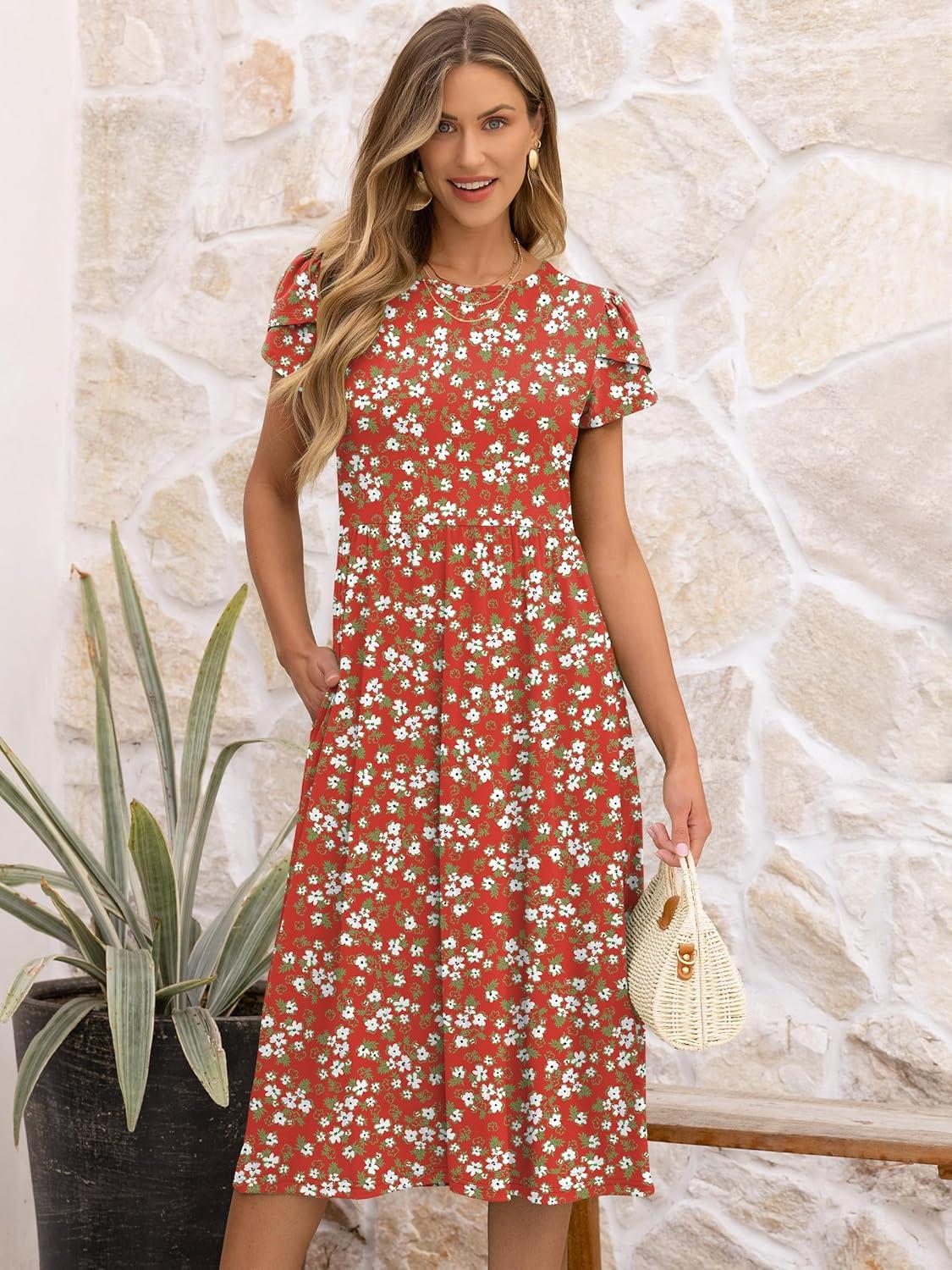 imageANRABESS Womens Summer Short Sleeve ALine Midi Dresses Casual Floral TShirt Dresses Flowy Beach Sundress with PocketsPrint Green White Floral