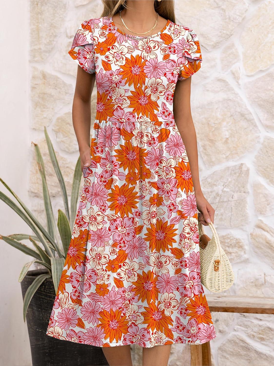 imageANRABESS Womens Summer Short Sleeve ALine Midi Dresses Casual Floral TShirt Dresses Flowy Beach Sundress with PocketsPrint Pink Orange Floral