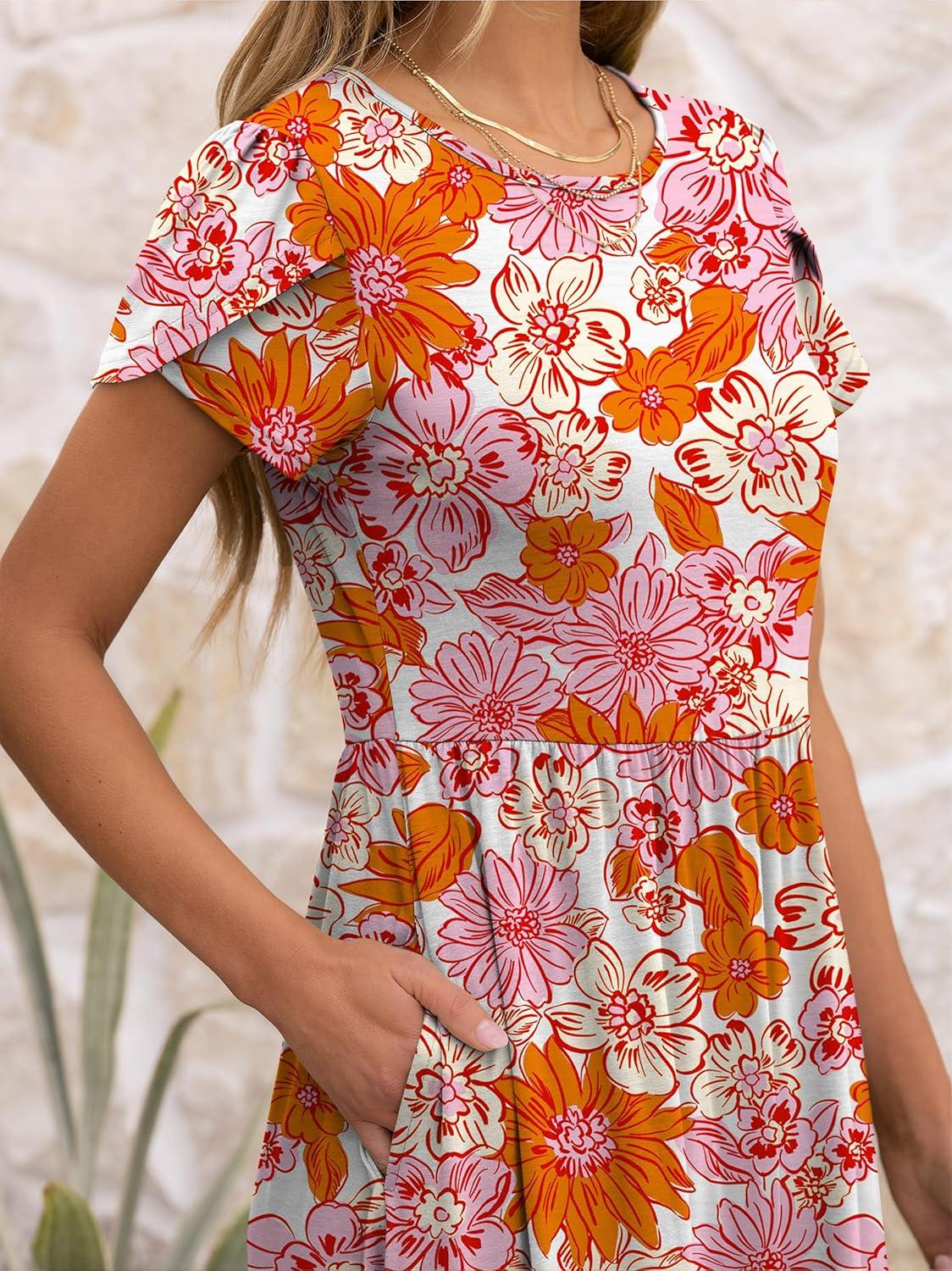 imageANRABESS Womens Summer Short Sleeve ALine Midi Dresses Casual Floral TShirt Dresses Flowy Beach Sundress with PocketsPrint Pink Orange Floral