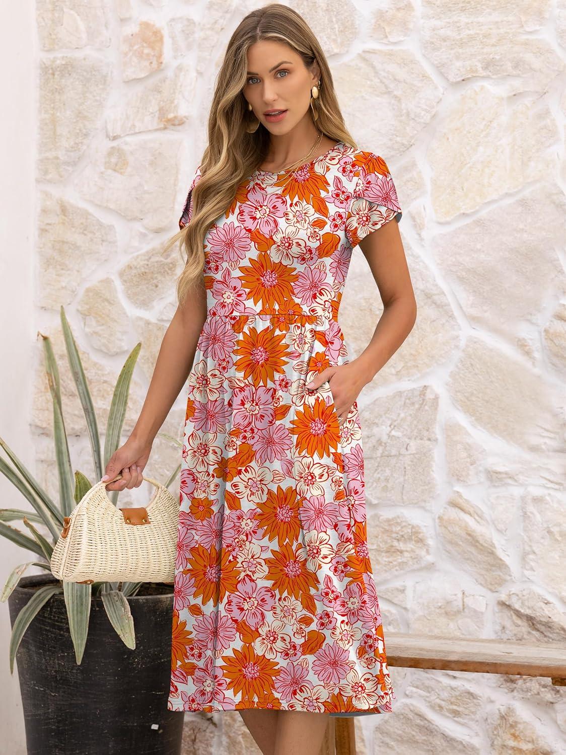 imageANRABESS Womens Summer Short Sleeve ALine Midi Dresses Casual Floral TShirt Dresses Flowy Beach Sundress with PocketsPrint Pink Orange Floral