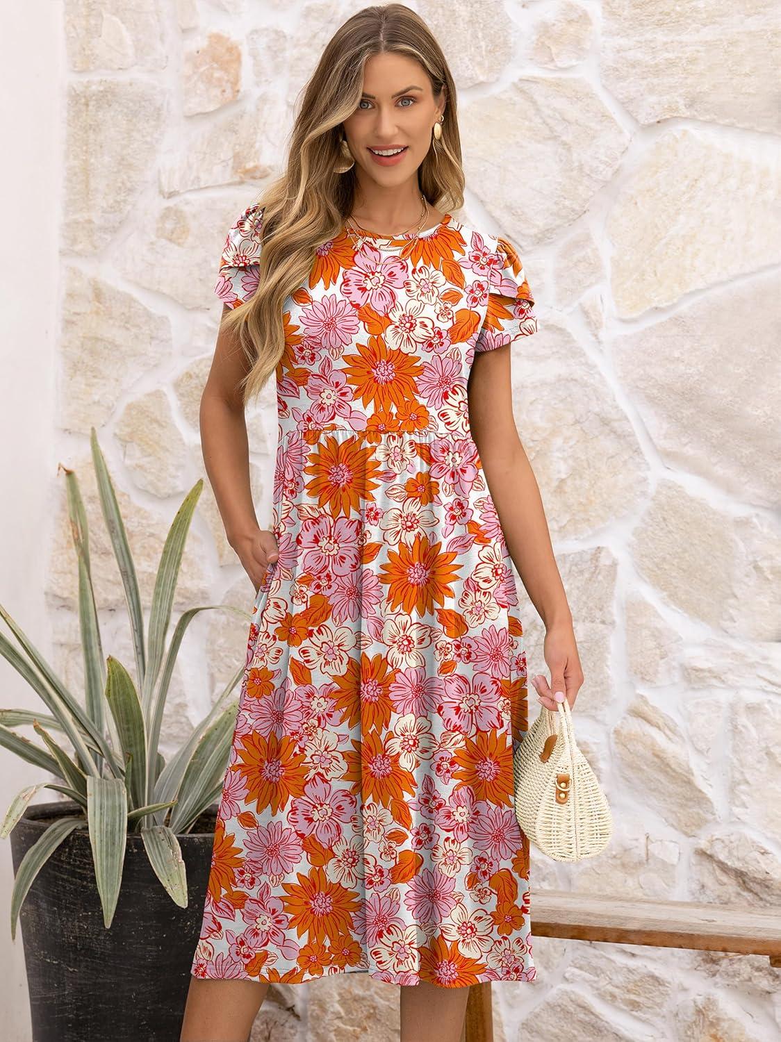 imageANRABESS Womens Summer Short Sleeve ALine Midi Dresses Casual Floral TShirt Dresses Flowy Beach Sundress with PocketsPrint Pink Orange Floral