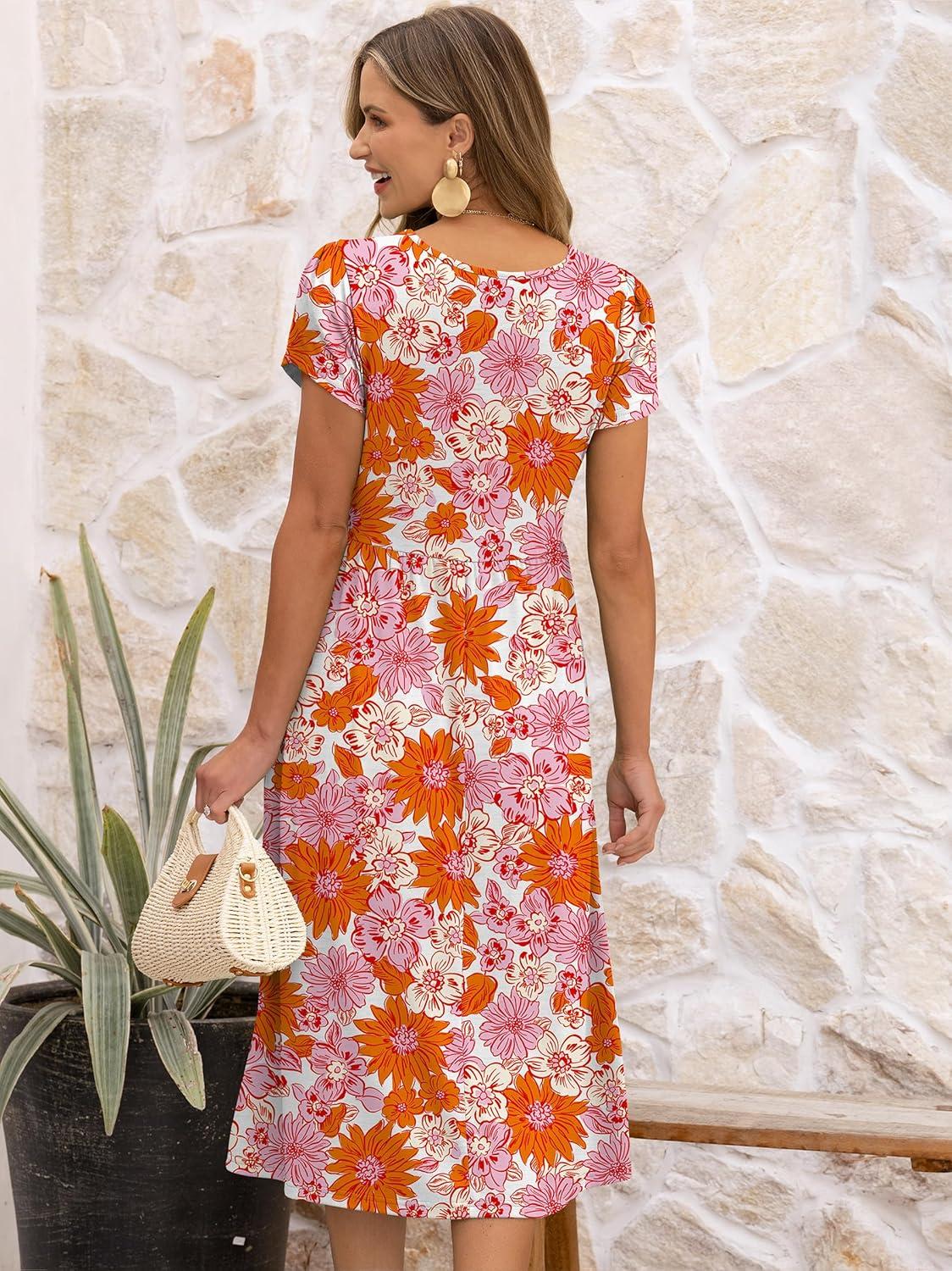 imageANRABESS Womens Summer Short Sleeve ALine Midi Dresses Casual Floral TShirt Dresses Flowy Beach Sundress with PocketsPrint Pink Orange Floral