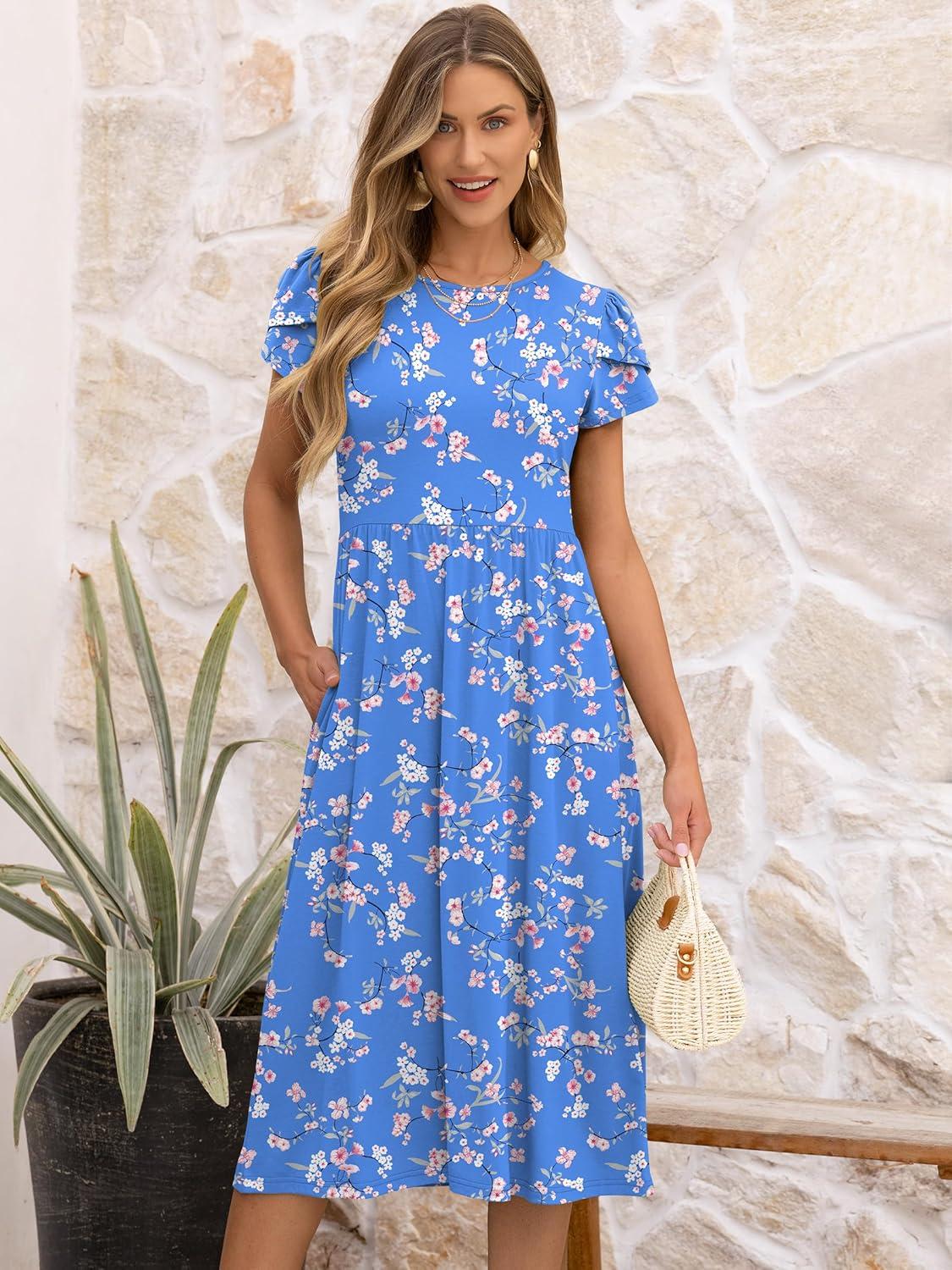 imageANRABESS Womens Summer Short Sleeve ALine Midi Dresses Casual Floral TShirt Dresses Flowy Beach Sundress with PocketsPrint White Pink Floral