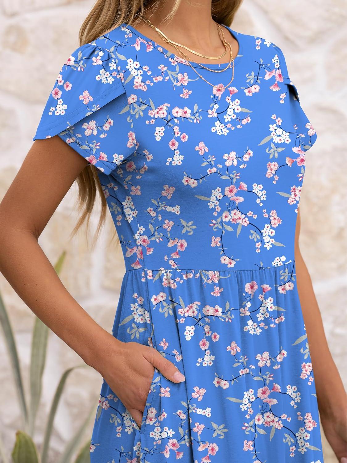 imageANRABESS Womens Summer Short Sleeve ALine Midi Dresses Casual Floral TShirt Dresses Flowy Beach Sundress with PocketsPrint White Pink Floral