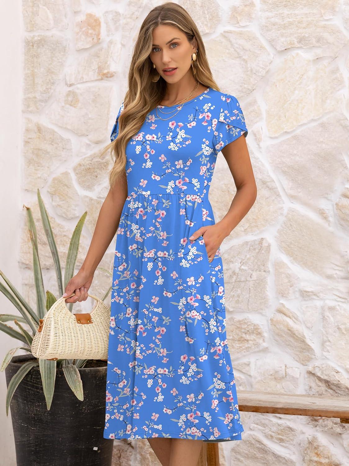 imageANRABESS Womens Summer Short Sleeve ALine Midi Dresses Casual Floral TShirt Dresses Flowy Beach Sundress with PocketsPrint White Pink Floral