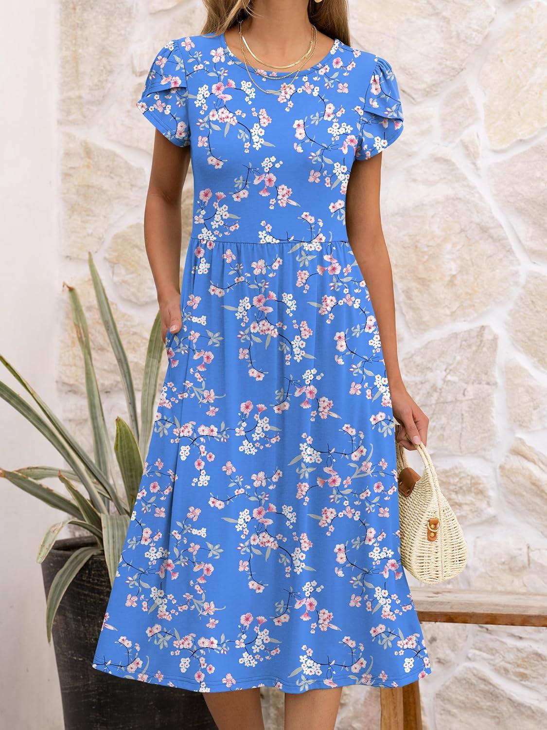 imageANRABESS Womens Summer Short Sleeve ALine Midi Dresses Casual Floral TShirt Dresses Flowy Beach Sundress with PocketsPrint White Pink Floral