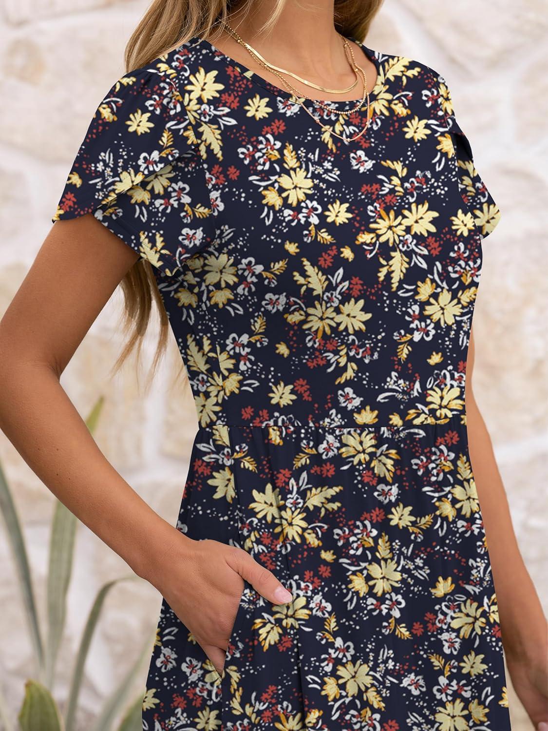 imageANRABESS Womens Summer Short Sleeve ALine Midi Dresses Casual Floral TShirt Dresses Flowy Beach Sundress with PocketsPrint Yellow Leaf
