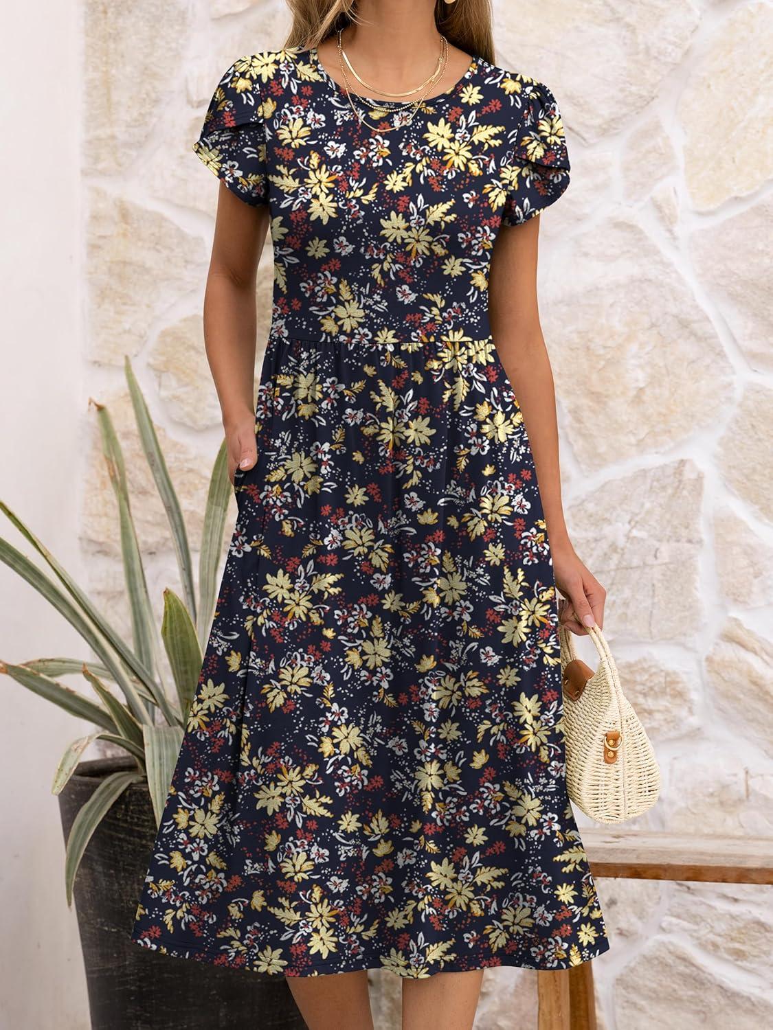 imageANRABESS Womens Summer Short Sleeve ALine Midi Dresses Casual Floral TShirt Dresses Flowy Beach Sundress with PocketsPrint Yellow Leaf