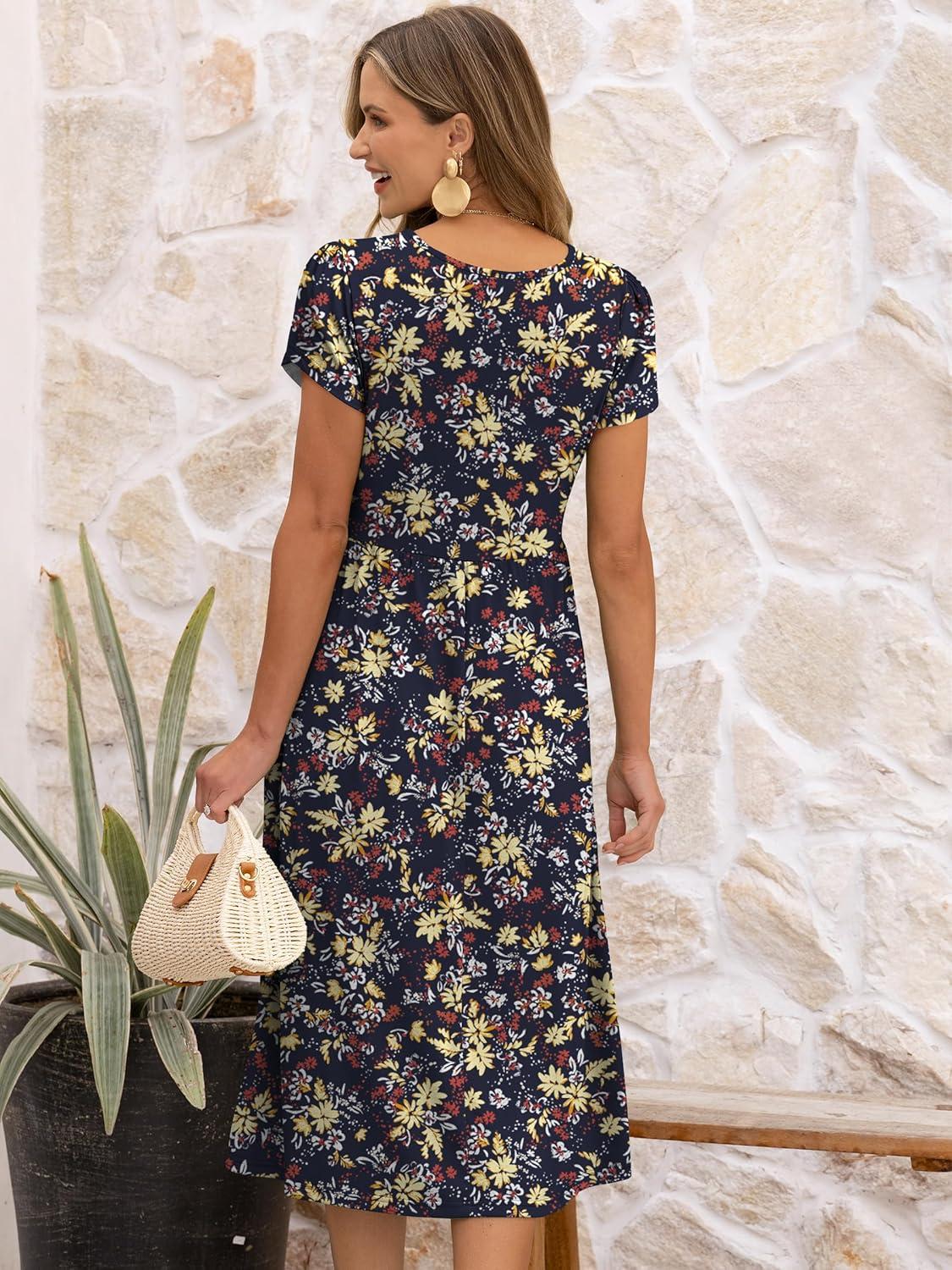 imageANRABESS Womens Summer Short Sleeve ALine Midi Dresses Casual Floral TShirt Dresses Flowy Beach Sundress with PocketsPrint Yellow Leaf