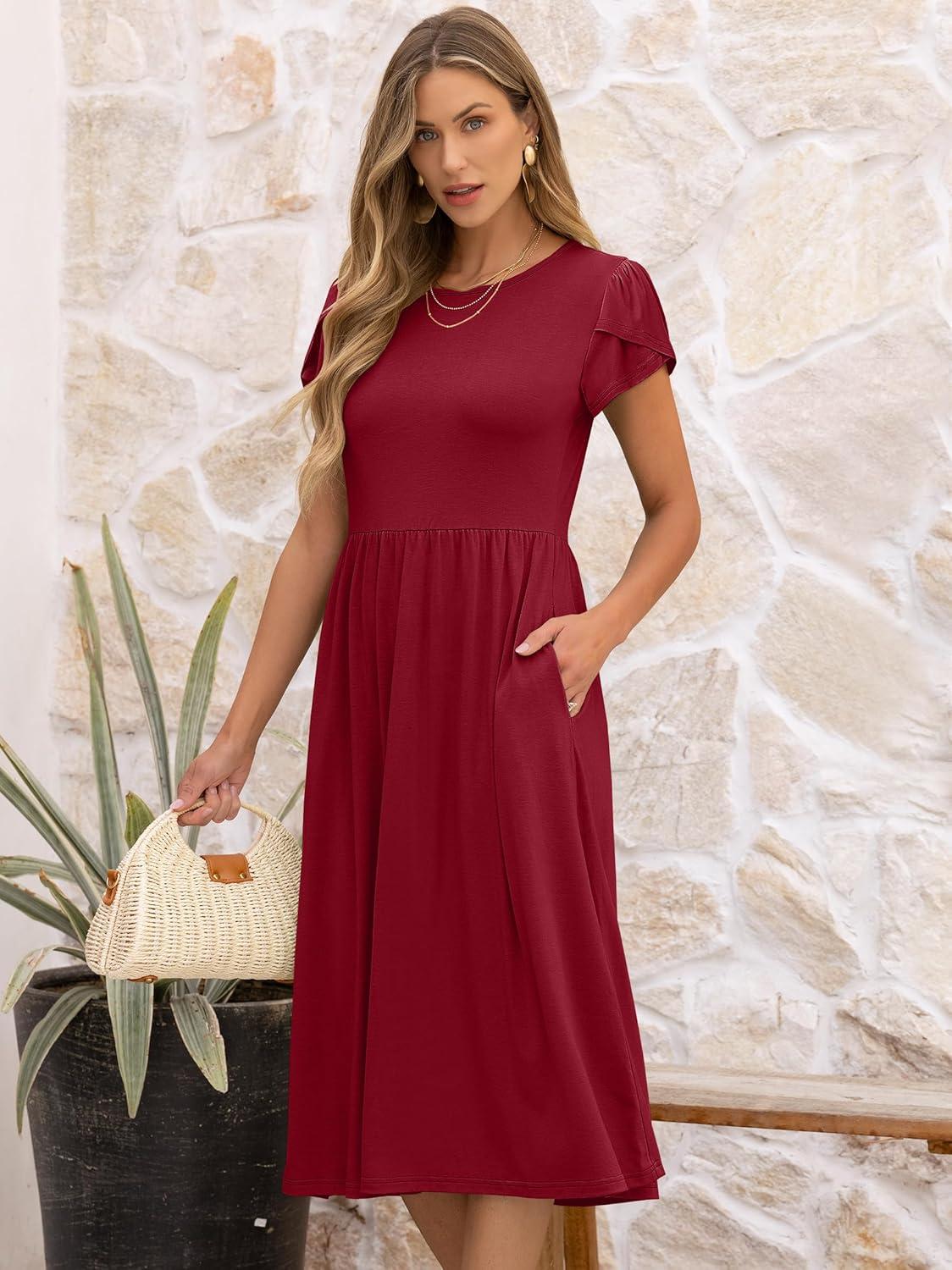 imageANRABESS Womens Summer Short Sleeve ALine Midi Dresses Casual Floral TShirt Dresses Flowy Beach Sundress with PocketsRed