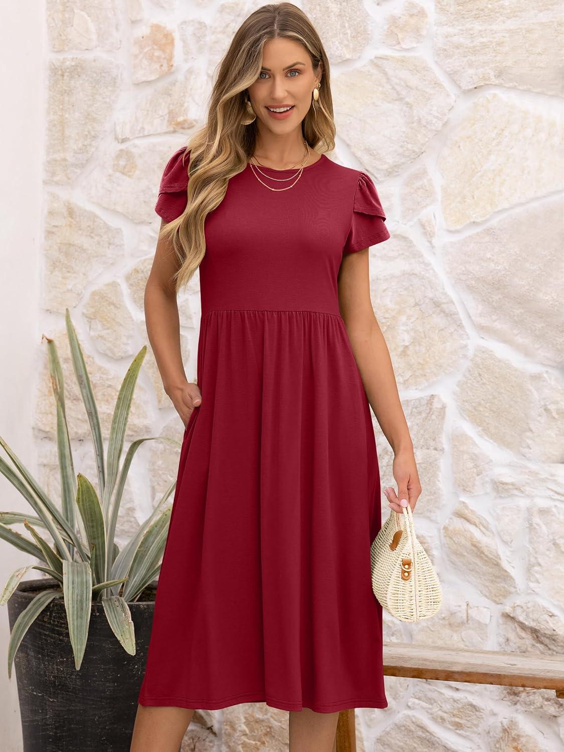 imageANRABESS Womens Summer Short Sleeve ALine Midi Dresses Casual Floral TShirt Dresses Flowy Beach Sundress with PocketsRed