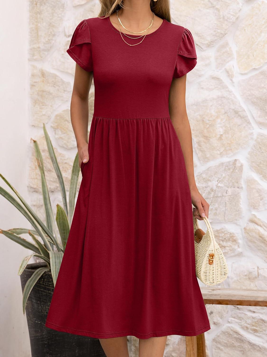 imageANRABESS Womens Summer Short Sleeve ALine Midi Dresses Casual Floral TShirt Dresses Flowy Beach Sundress with PocketsRed