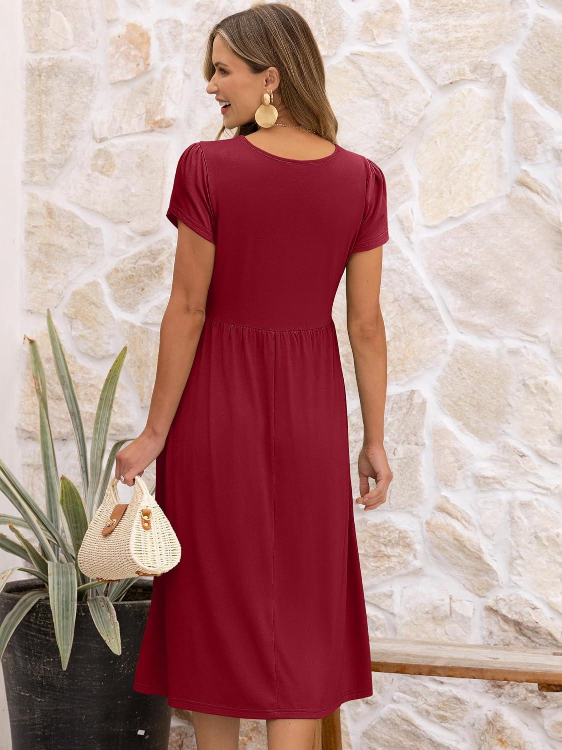 imageANRABESS Womens Summer Short Sleeve ALine Midi Dresses Casual Floral TShirt Dresses Flowy Beach Sundress with PocketsRed