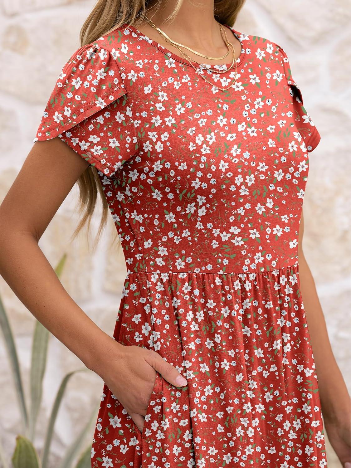imageANRABESS Womens Summer Short Sleeve ALine Midi Dresses Casual Floral TShirt Dresses Flowy Beach Sundress with PocketsRed Floral