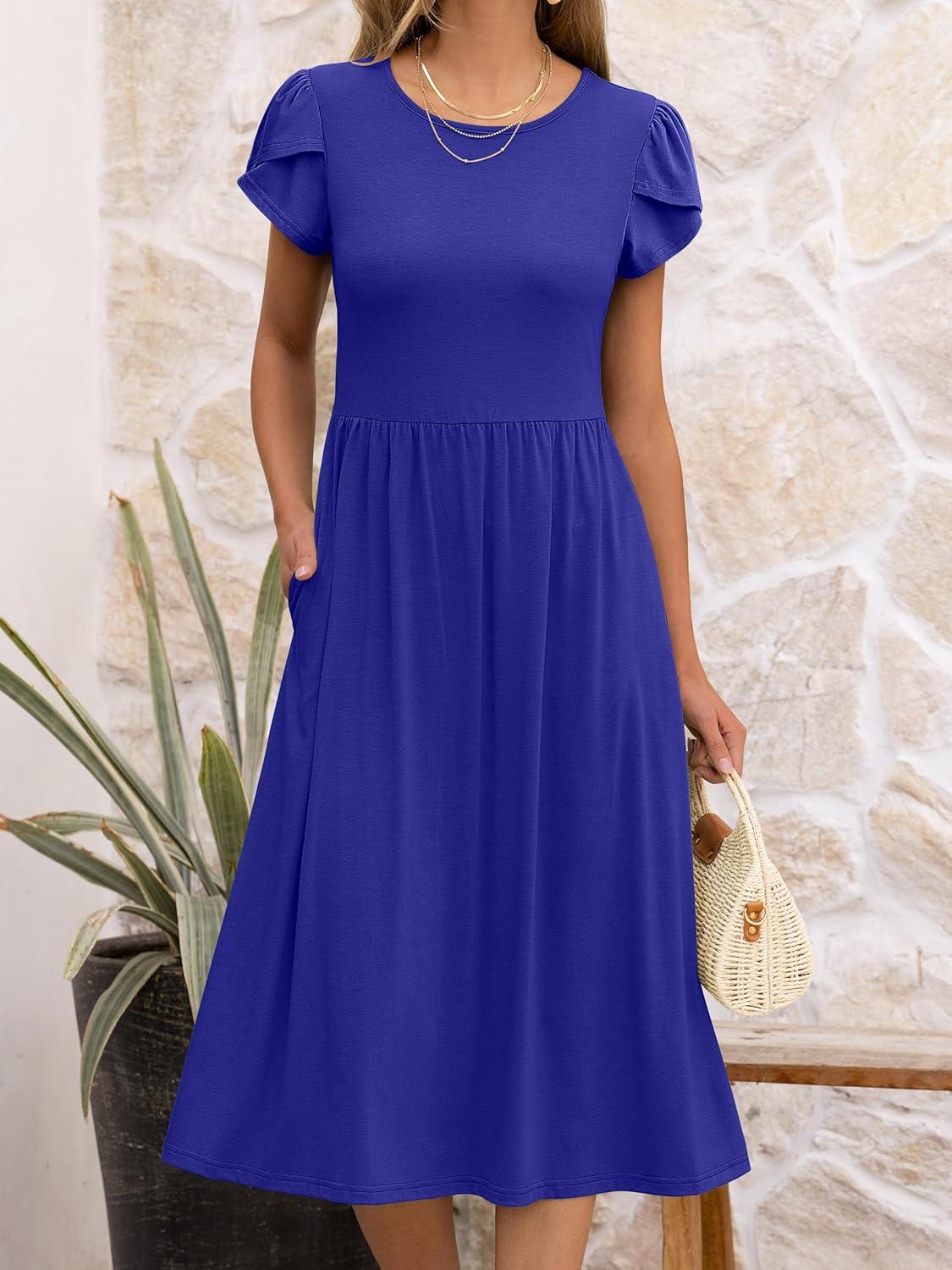 imageANRABESS Womens Summer Short Sleeve ALine Midi Dresses Casual Floral TShirt Dresses Flowy Beach Sundress with PocketsRoyal Blue