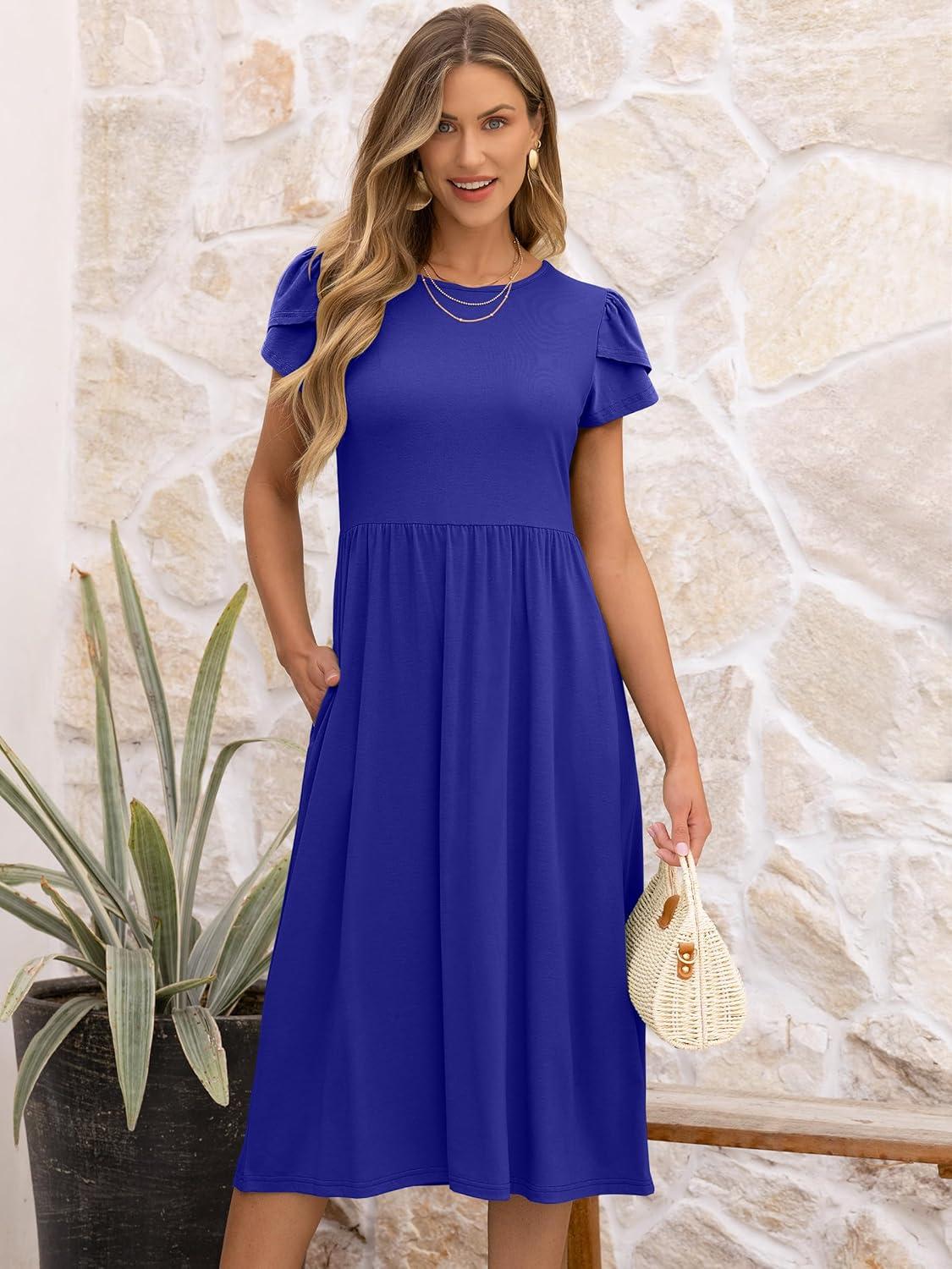 imageANRABESS Womens Summer Short Sleeve ALine Midi Dresses Casual Floral TShirt Dresses Flowy Beach Sundress with PocketsRoyal Blue