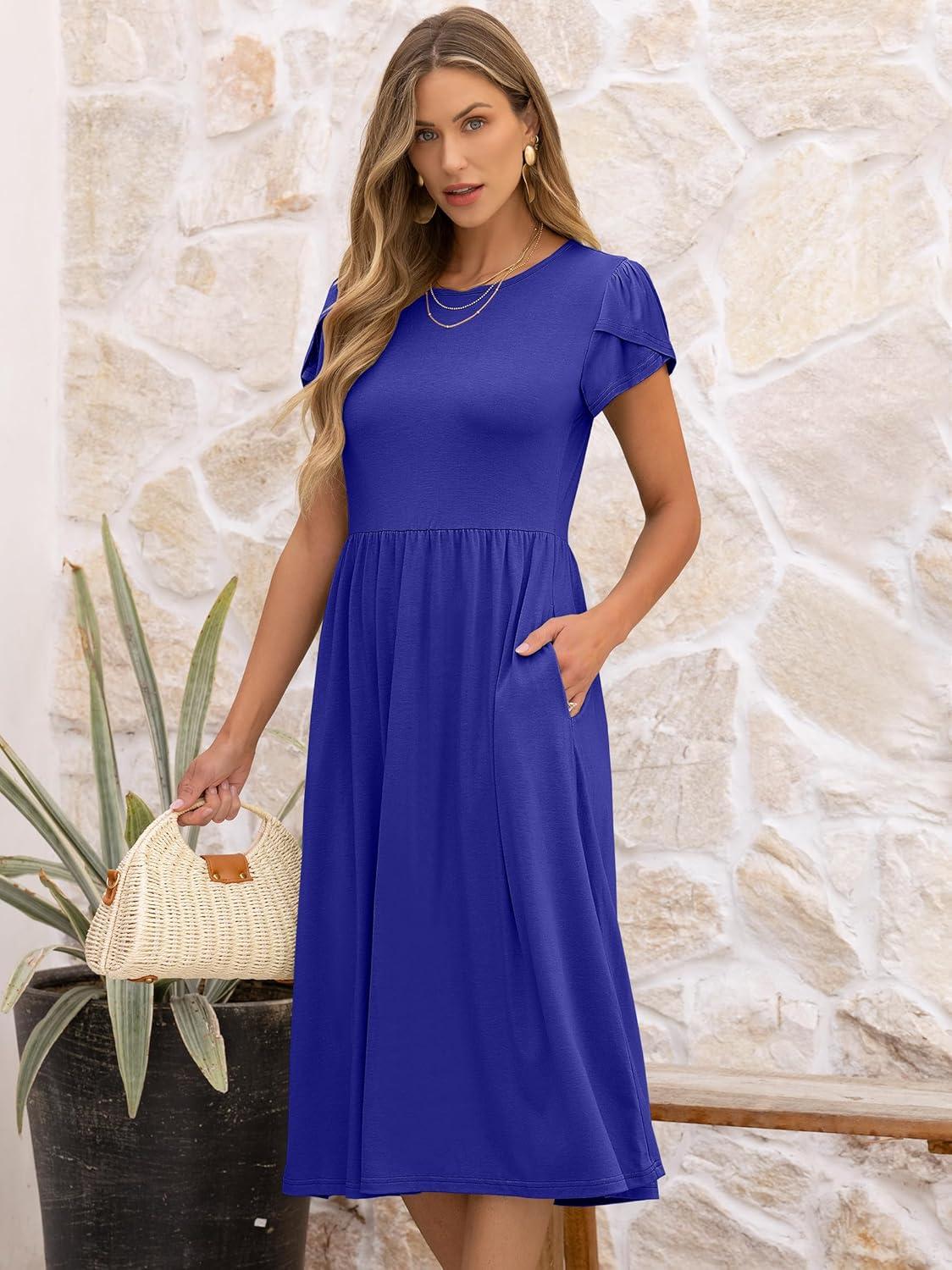 imageANRABESS Womens Summer Short Sleeve ALine Midi Dresses Casual Floral TShirt Dresses Flowy Beach Sundress with PocketsRoyal Blue