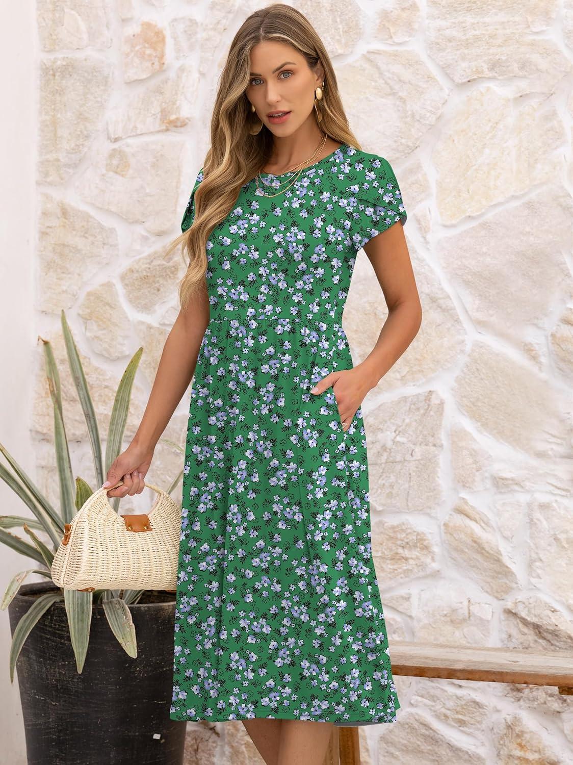 imageANRABESS Womens Summer Short Sleeve ALine Midi Dresses Casual Floral TShirt Dresses Flowy Beach Sundress with PocketsWhite Purple Floral