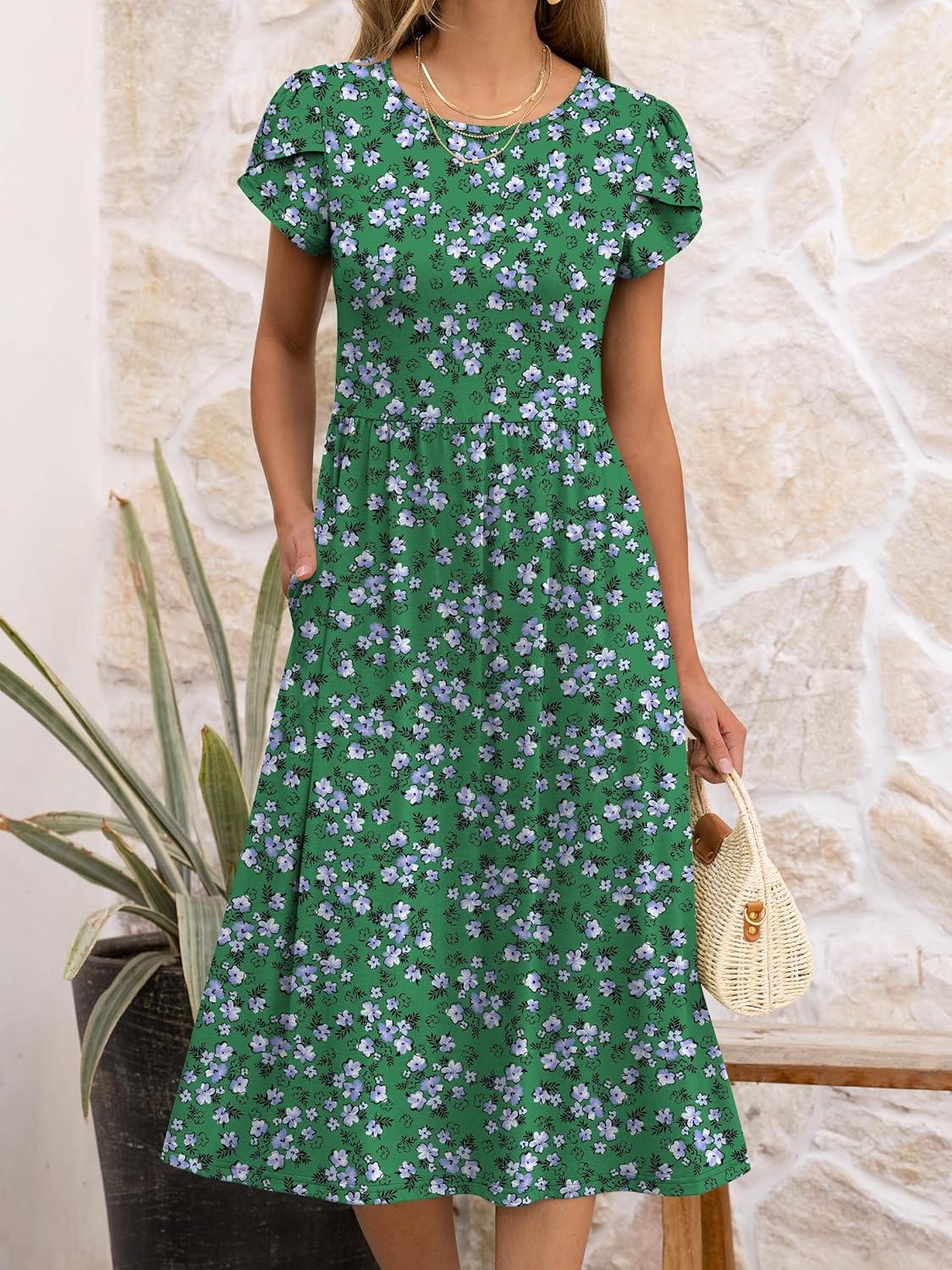 imageANRABESS Womens Summer Short Sleeve ALine Midi Dresses Casual Floral TShirt Dresses Flowy Beach Sundress with PocketsWhite Purple Floral