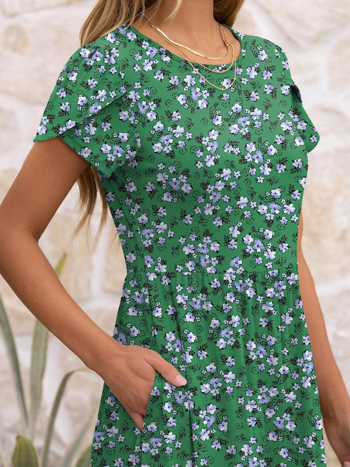 imageANRABESS Womens Summer Short Sleeve ALine Midi Dresses Casual Floral TShirt Dresses Flowy Beach Sundress with PocketsWhite Purple Floral