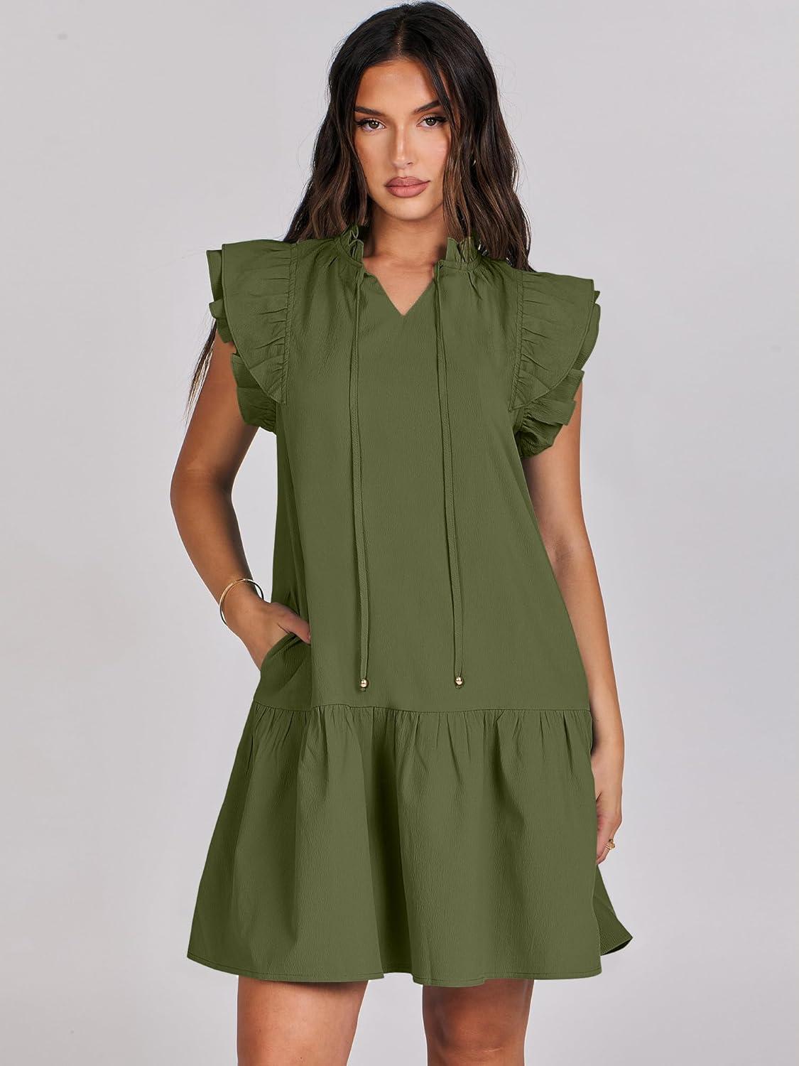 imageANRABESS Womens Summer VNeck Drawstring Ruffle Cap Short Sleeve Casual Shift Mini Dress with PocketsArmy Green