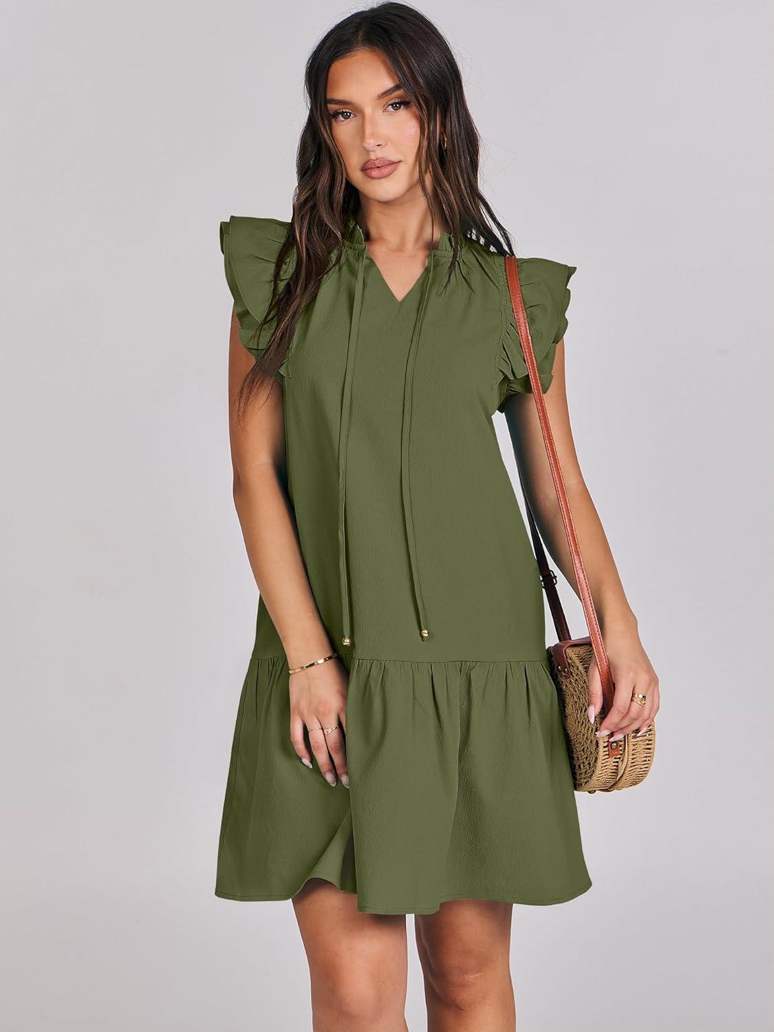 imageANRABESS Womens Summer VNeck Drawstring Ruffle Cap Short Sleeve Casual Shift Mini Dress with PocketsArmy Green