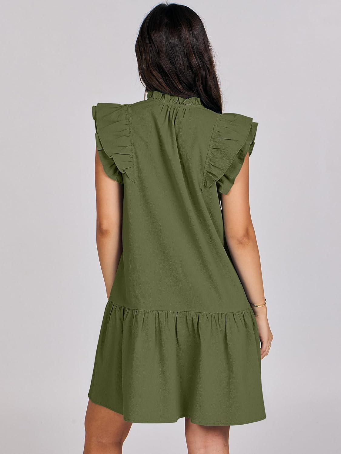 imageANRABESS Womens Summer VNeck Drawstring Ruffle Cap Short Sleeve Casual Shift Mini Dress with PocketsArmy Green