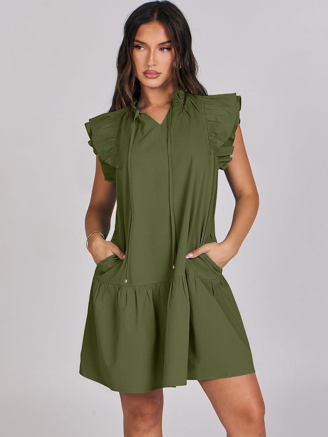 imageANRABESS Womens Summer VNeck Drawstring Ruffle Cap Short Sleeve Casual Shift Mini Dress with PocketsArmy Green