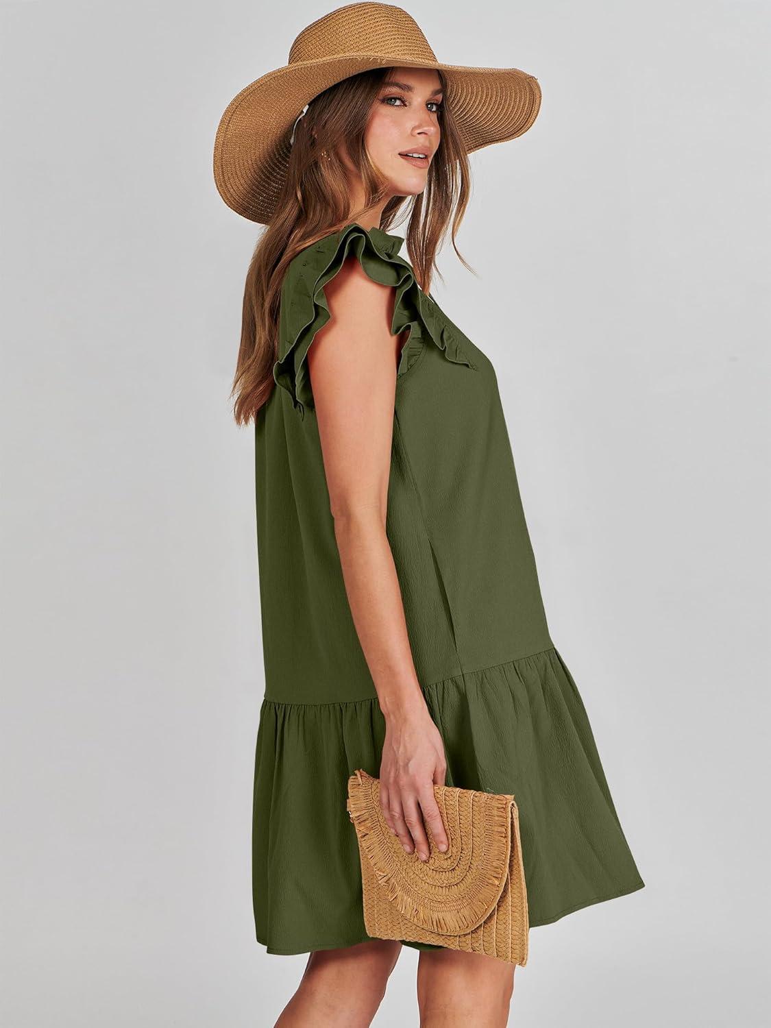 imageANRABESS Womens Summer VNeck Drawstring Ruffle Cap Short Sleeve Casual Shift Mini Dress with PocketsArmy Green