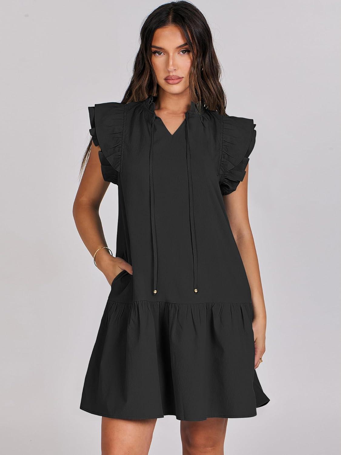 imageANRABESS Womens Summer VNeck Drawstring Ruffle Cap Short Sleeve Casual Shift Mini Dress with PocketsBlack