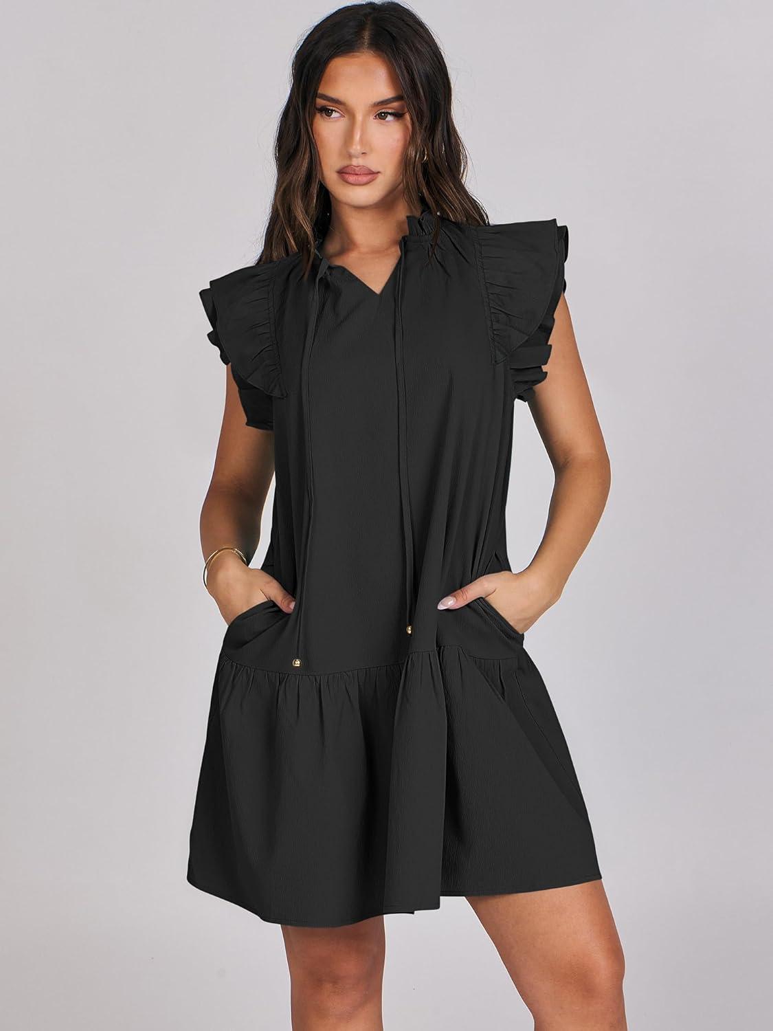 imageANRABESS Womens Summer VNeck Drawstring Ruffle Cap Short Sleeve Casual Shift Mini Dress with PocketsBlack