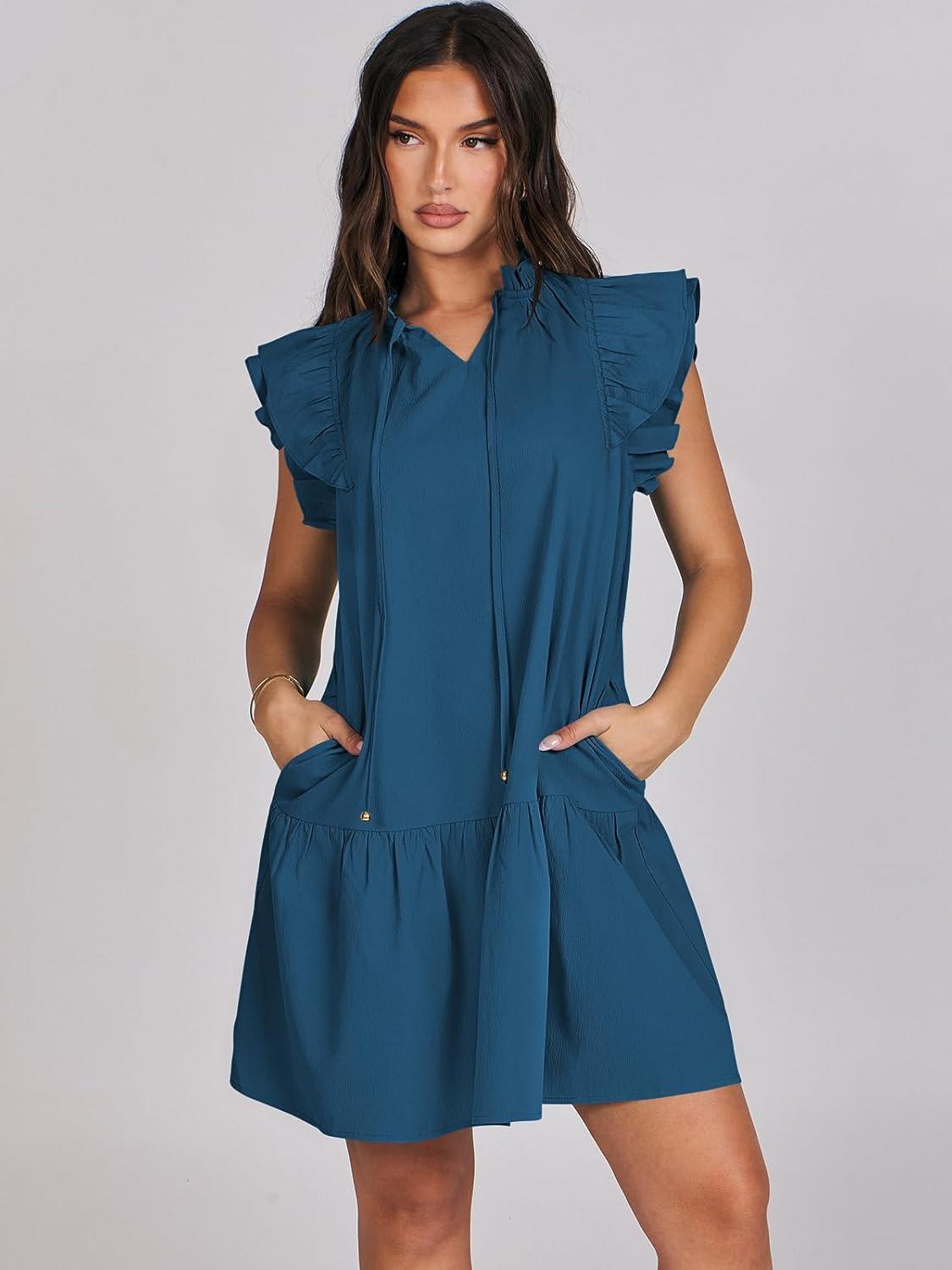 imageANRABESS Womens Summer VNeck Drawstring Ruffle Cap Short Sleeve Casual Shift Mini Dress with PocketsBlue