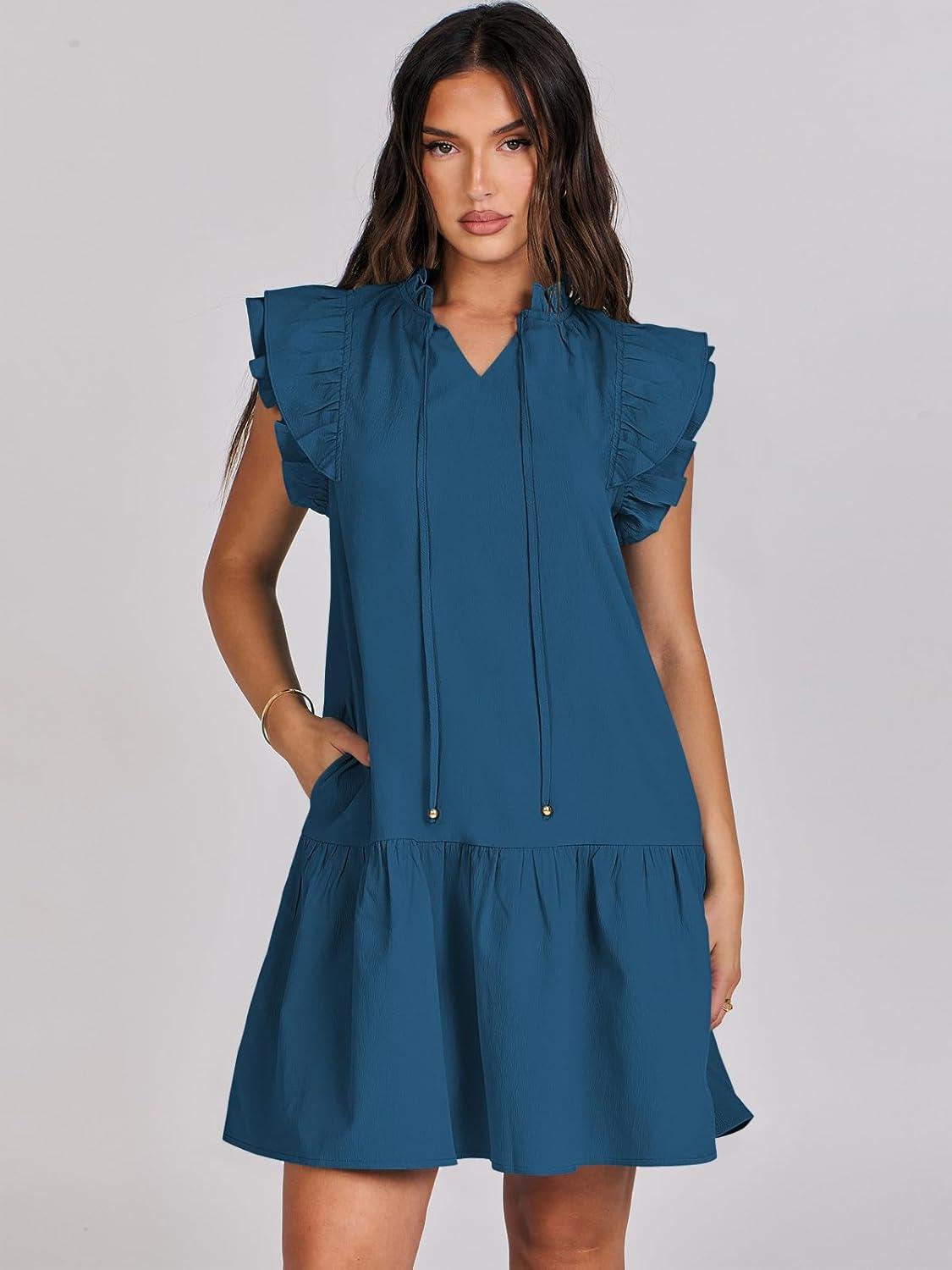 imageANRABESS Womens Summer VNeck Drawstring Ruffle Cap Short Sleeve Casual Shift Mini Dress with PocketsBlue