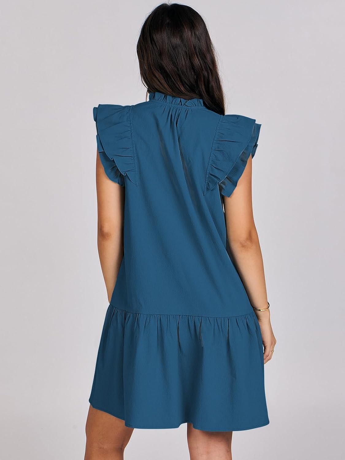 imageANRABESS Womens Summer VNeck Drawstring Ruffle Cap Short Sleeve Casual Shift Mini Dress with PocketsBlue