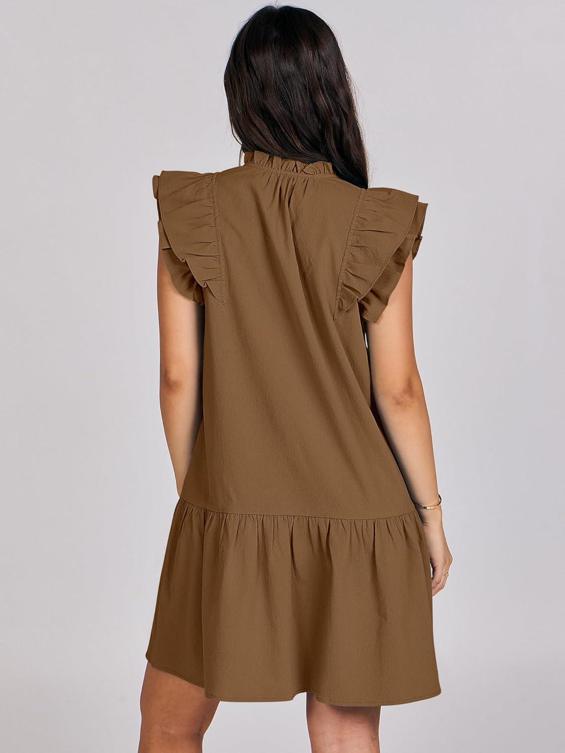 imageANRABESS Womens Summer VNeck Drawstring Ruffle Cap Short Sleeve Casual Shift Mini Dress with PocketsCamel