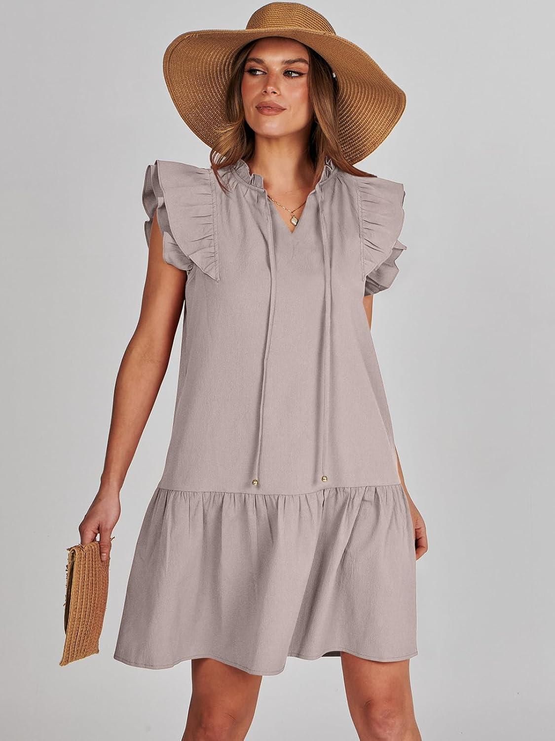 imageANRABESS Womens Summer VNeck Drawstring Ruffle Cap Short Sleeve Casual Shift Mini Dress with PocketsGray Apricot
