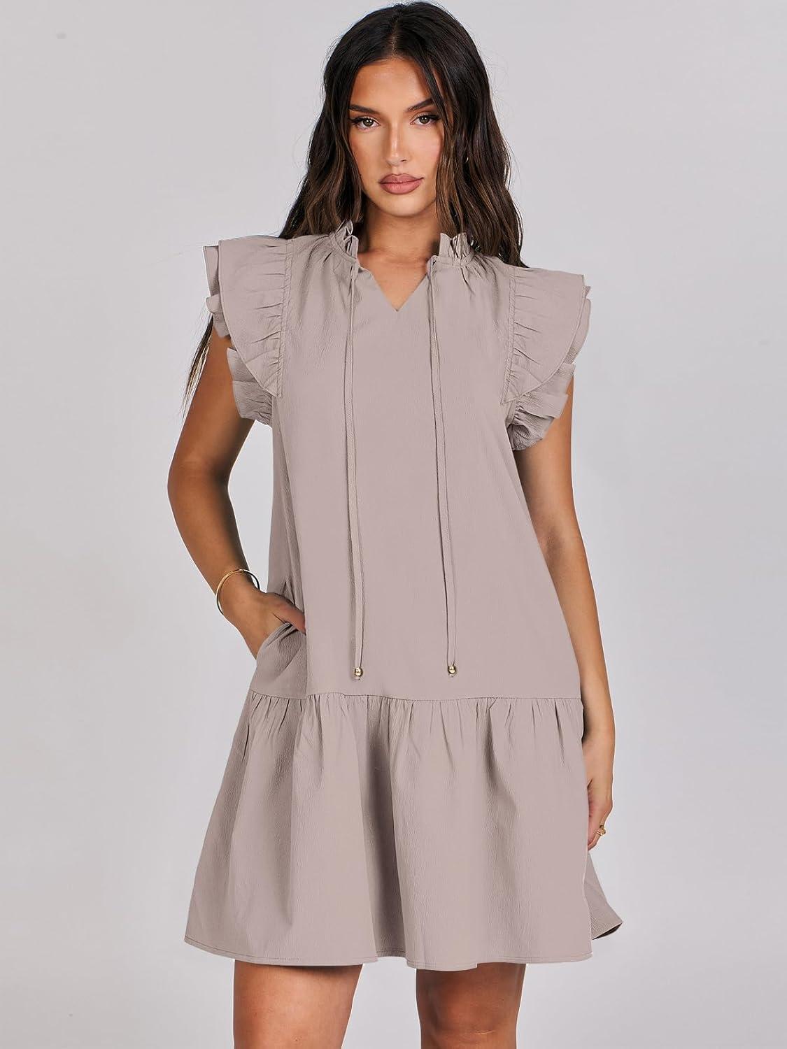 imageANRABESS Womens Summer VNeck Drawstring Ruffle Cap Short Sleeve Casual Shift Mini Dress with PocketsGray Apricot