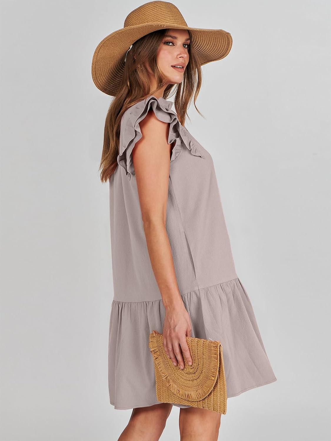 imageANRABESS Womens Summer VNeck Drawstring Ruffle Cap Short Sleeve Casual Shift Mini Dress with PocketsGray Apricot