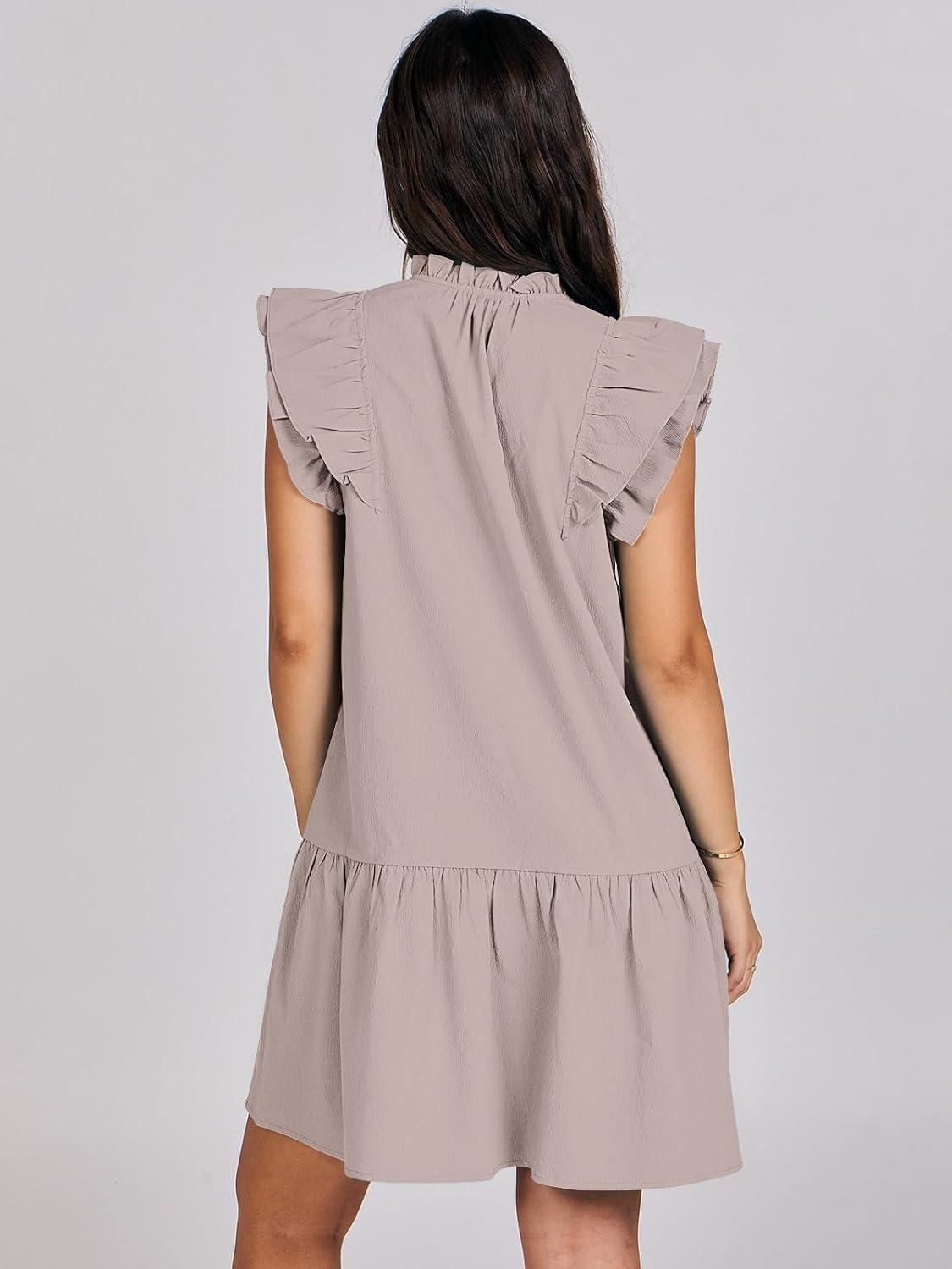 imageANRABESS Womens Summer VNeck Drawstring Ruffle Cap Short Sleeve Casual Shift Mini Dress with PocketsGray Apricot