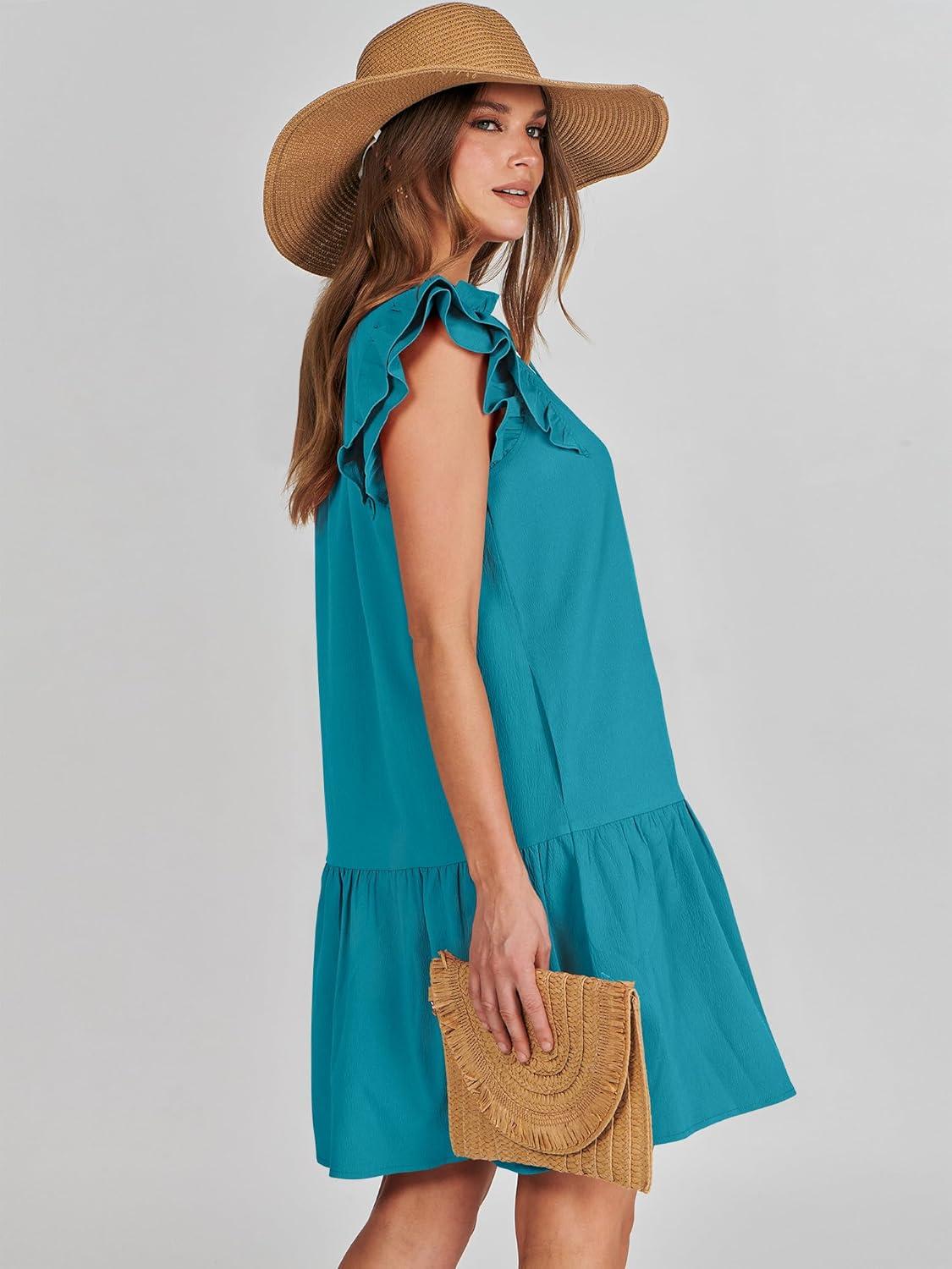 imageANRABESS Womens Summer VNeck Drawstring Ruffle Cap Short Sleeve Casual Shift Mini Dress with PocketsLake