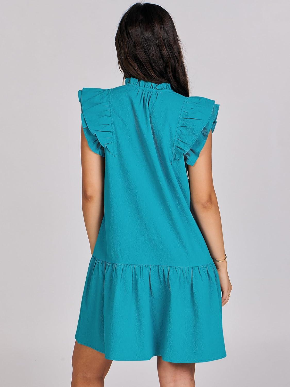 imageANRABESS Womens Summer VNeck Drawstring Ruffle Cap Short Sleeve Casual Shift Mini Dress with PocketsLake