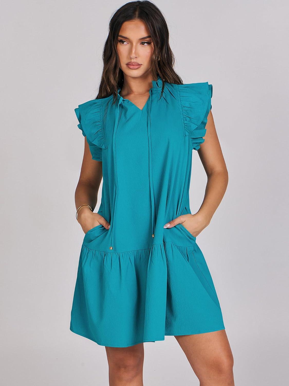 imageANRABESS Womens Summer VNeck Drawstring Ruffle Cap Short Sleeve Casual Shift Mini Dress with PocketsLake