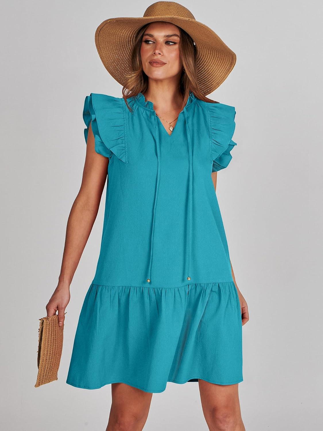 imageANRABESS Womens Summer VNeck Drawstring Ruffle Cap Short Sleeve Casual Shift Mini Dress with PocketsLake