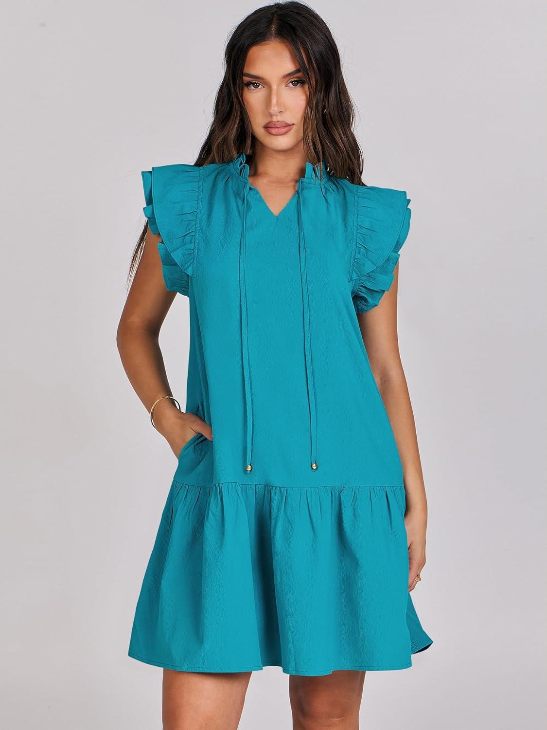 imageANRABESS Womens Summer VNeck Drawstring Ruffle Cap Short Sleeve Casual Shift Mini Dress with PocketsLake